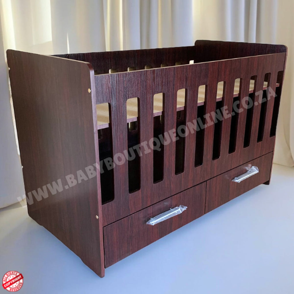LargeWoodenCotwithSplitDrawerBurgundy in baby room 