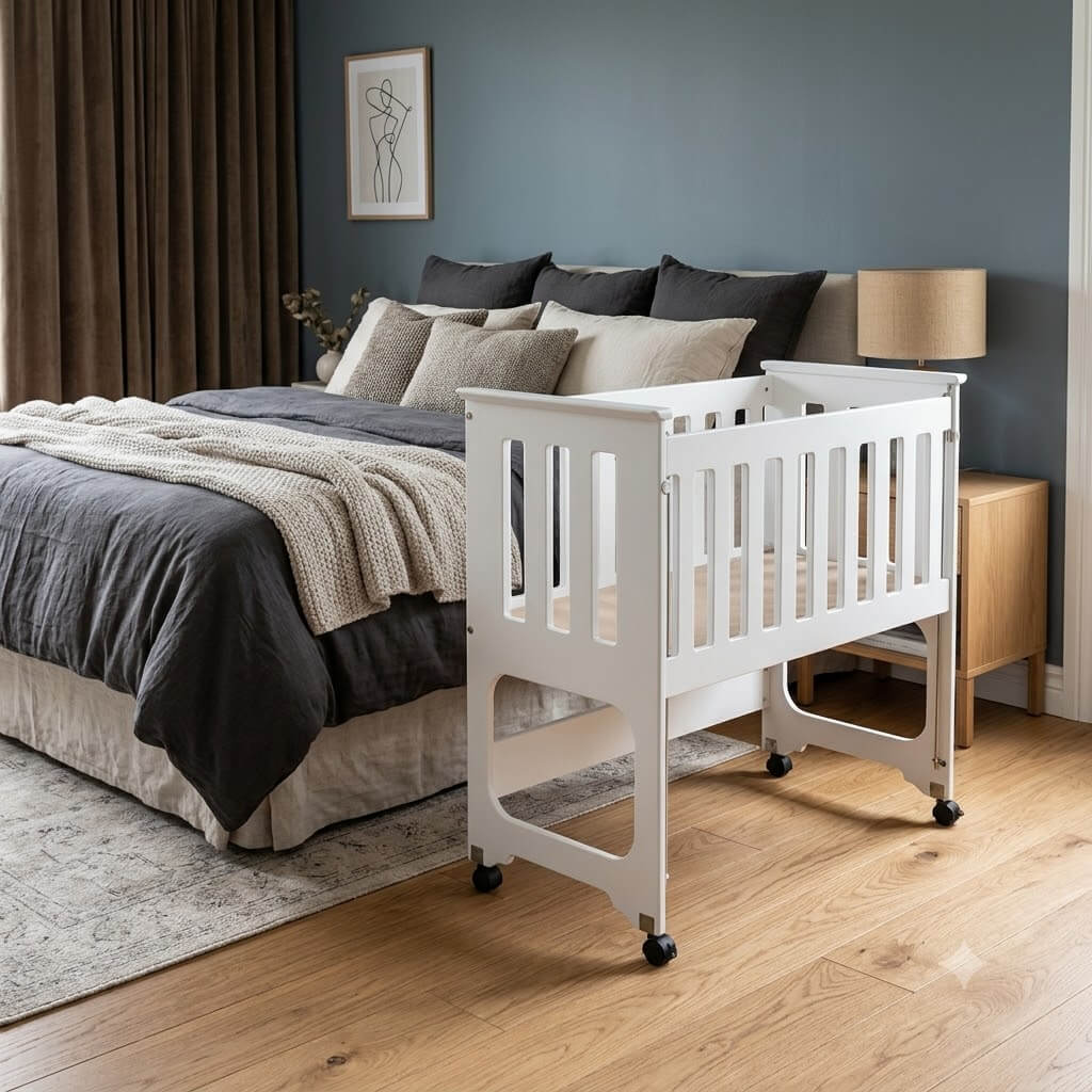 A white convertible baby crib with wheels is shown in a styled bedroom next to a bed with gray and beige bedding. The crib features vertical slats on the sides and a clean white finish.
