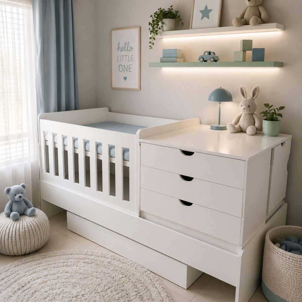 Baby Bedroom in a Box - 5-in-1 Cot - Melamine White - Half Moon Cut Outs - B0401